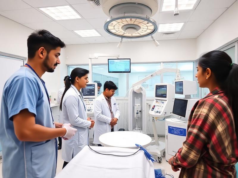 Medical training facility with students learning